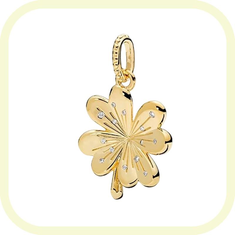 New Golden Flowers Collection Charm Bead Lucky Shamrock Rose in Bloom Daisy Flower Safety Chain Compatible With Authentic Bracelets Do It Yourself Jew