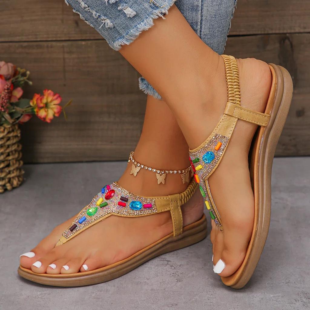 Fashion Bohemian Style Women's Flat Sandals Rhinestone Clip Toe Gladiator Sandals Woman 2025 Summer Anti Slip Beach Shoes Flip Flops