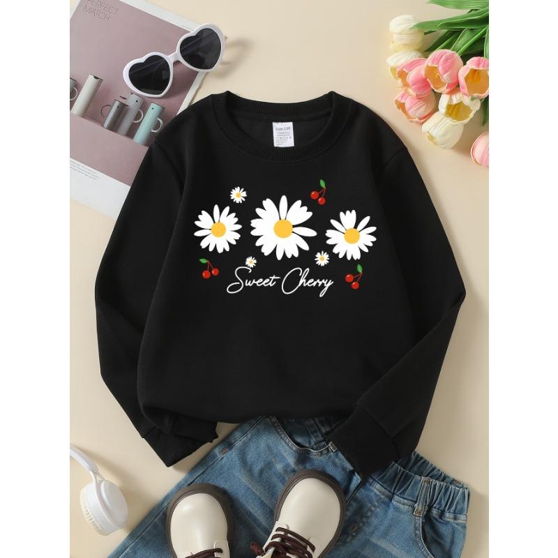 European Sizes Girls' Round Neck Fashion Sweatshirt, Sweet Cherry Daisies And Berries, Autumn Winter Trendy Print, Casual And Sporty.