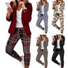 2 Pcs/Set Lady Formal Coat Pants Set Turn-down Collar Plaid Print Long