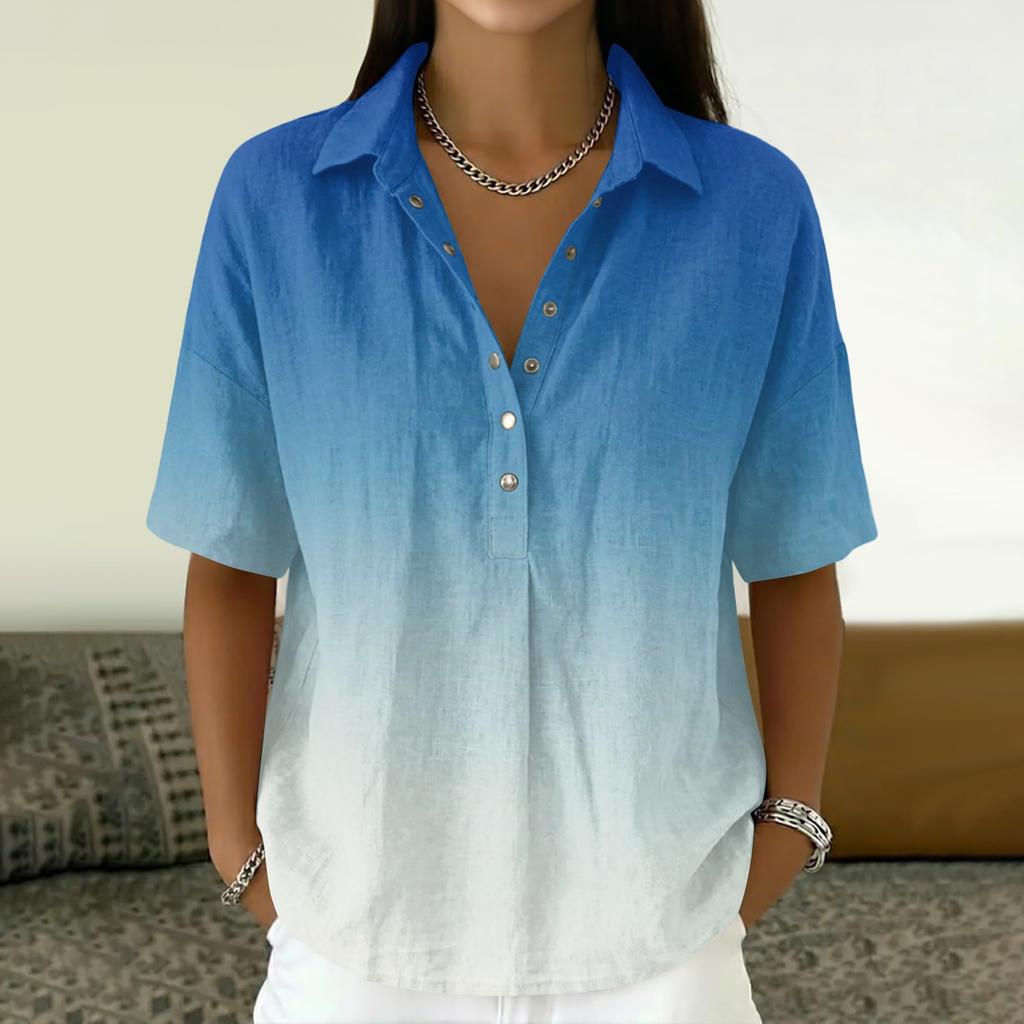 Women Loose Fit Short Sleeve Polo Shirt Vintage Floral Print Button Down Collar Linen Blend Casual Top