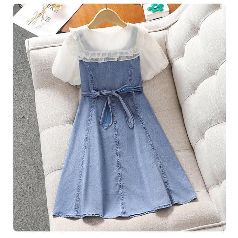 Mädchen Mode Kleid 2025 Sommer Kinder Casual Patchwork Gefälschte Zwei