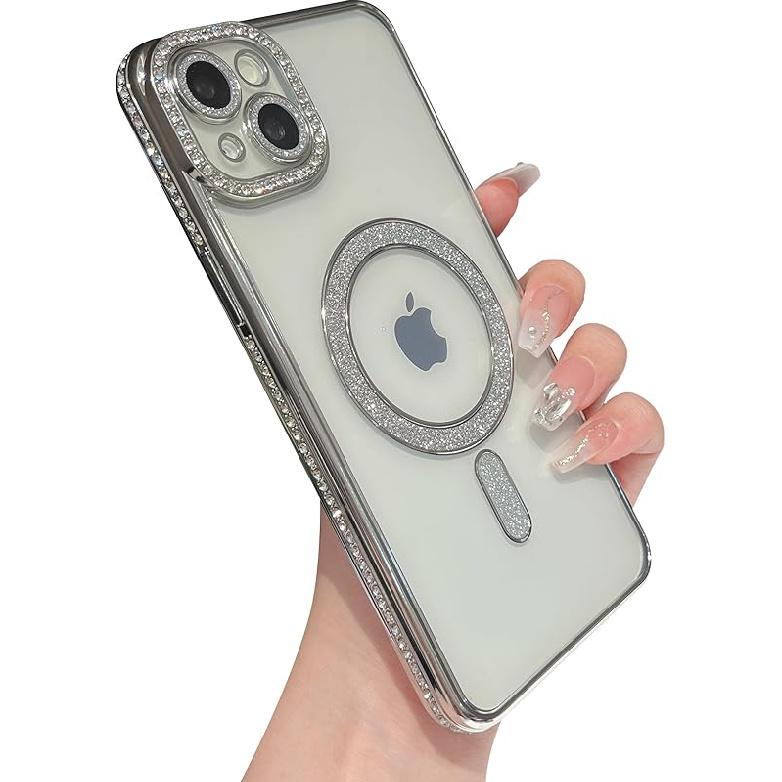 Caseative for iPhone 14 Plus Case,Glitter Bling Clear Magnetic Compatible with MagSafe Wireless Charging (Gold) серебряный