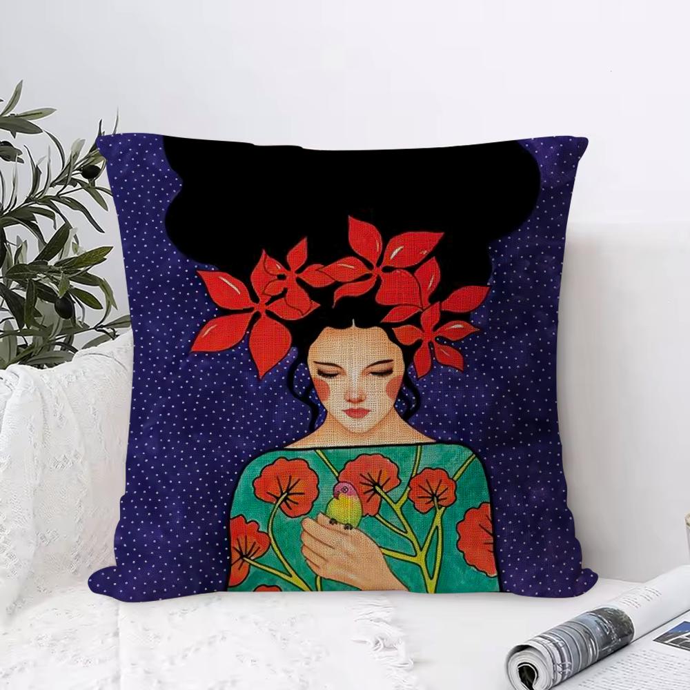 Abstract Girl Hair Flower Cushion Cover Breathable Linen Pillow Cover SkinFriendly Home Decor Pillowcase with Hidden Zipper