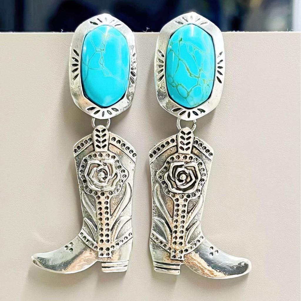 Western Cowboy Retro Turquoise Alloy Earrings - European & American Style