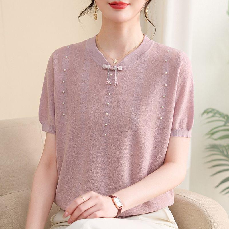 Schickes Sommer-Eis-Seiden-Qipao-Kragen Kurzarm Zweiteiler für mittelalte und ältere Frauen - Strick-T-Shirt-Oberteil in Übergröße