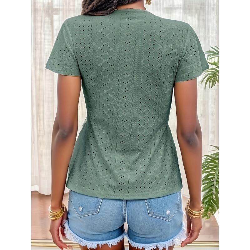 Damen Sommer Neue Kurzarm Jacquard T-shirt Spleißen Spitze Spitze V-ausschnitt Tops