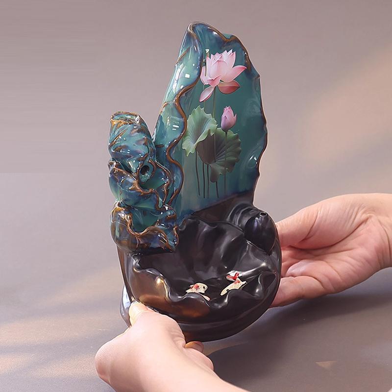 Reverse Flow Incense Burner Ornament Home Indoor Zen Tea Ceremony Chinese Style Lotus Pattern Aromatherapy Stove Decoration, 1Pc
