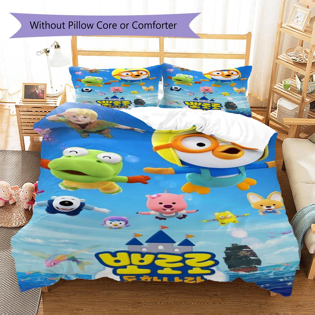 Pororo Cartoon Pattern Bedding Set Quilt Cover Pillowcase Home Decor Gift (1 * Duvet Cover + 2 * Pillowcase, Without Core)