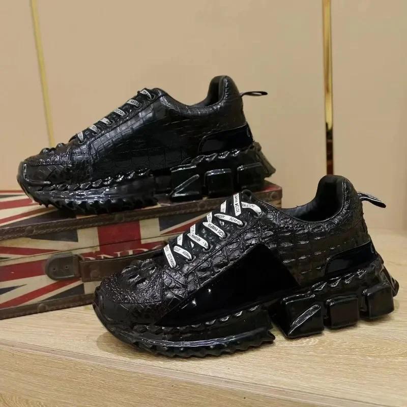 Crocodile Pattern Light Luxury Fashionable Men's Low Top Trendy Shoes, Height Increasing Thick Sole Rebound Casual Sports Shoes