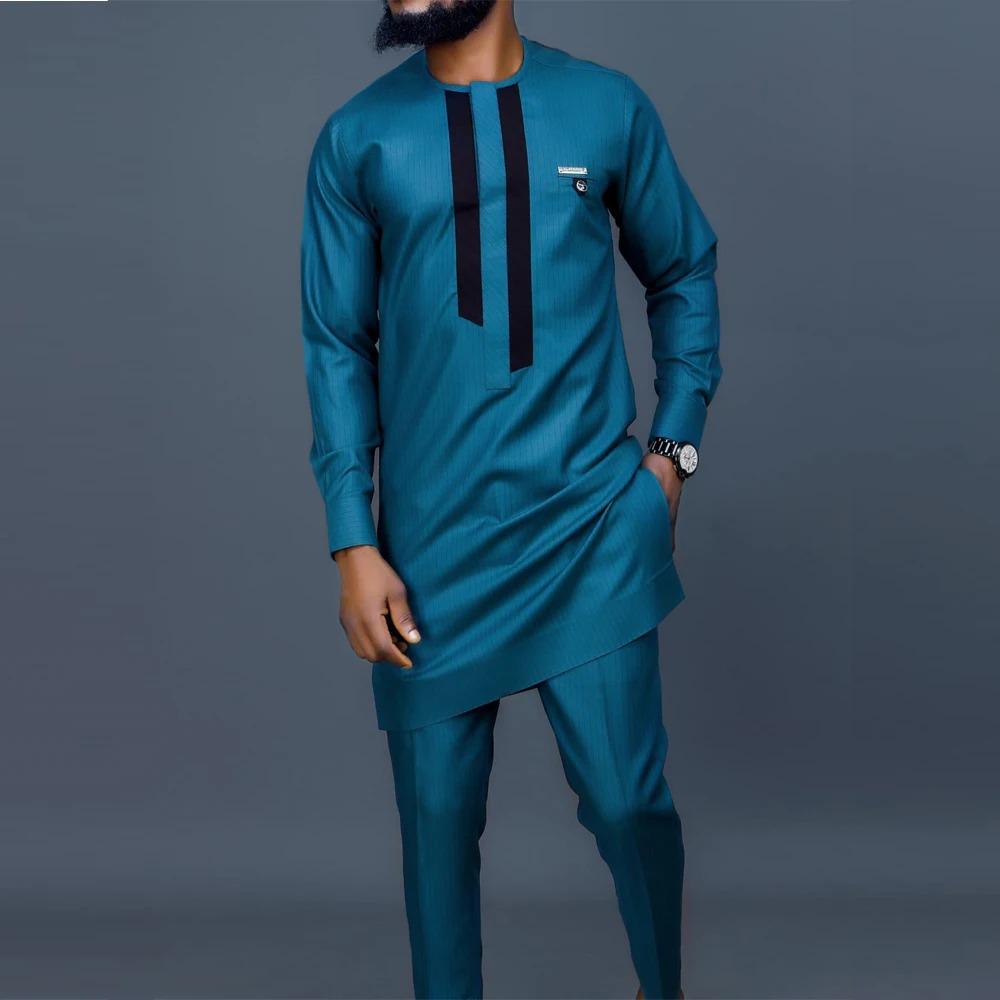

Men s 2-Piece Wedding Suit: Solid Color, Round Neck, Long Sleeve, African Ethnic Style 4XL синій