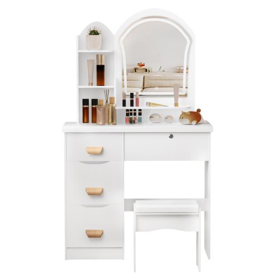 Makeup Vanity Desk with LED Lighted Mirror, Vanity Table with 4 Drawers and Opening Shelves, Bedroom Dressing Table with Stool