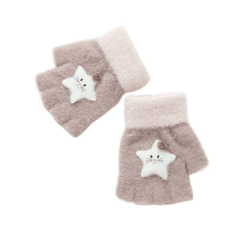 Cute Thicken Half Finger Knitted Cat Star Kids Outdoor Gloves Korean Mittens Children Winter Gloves