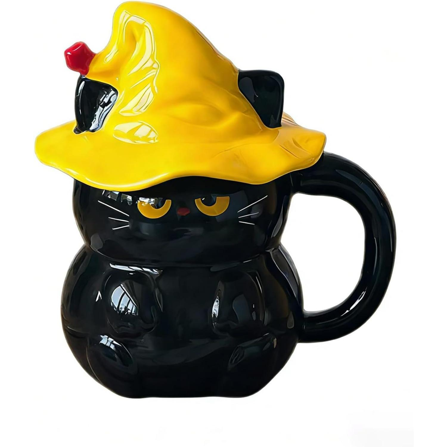 Cute Black Cat Ceramic Mug with Yellow Wizard Hat Lid -Microwave & Dishwasher Safe,1200°C High-Fired Coffee Mug,Ideal Gift for Cat Lovers & Daily Use B