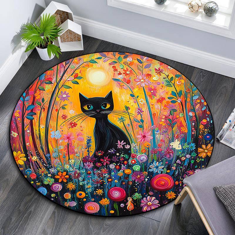 Black Cat in Flowers Round Area Rug,Carpet Rug for Living Room Bedroom Sofa Playroom Decor,Non-slip Floor Mat