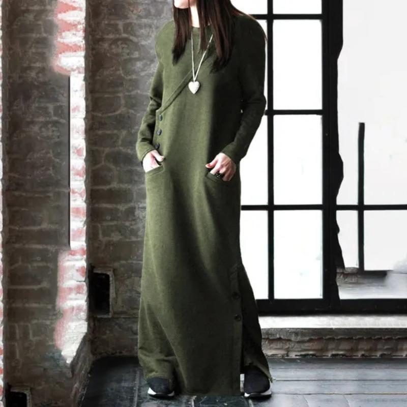 IHUASU Fashion Autumn Winter Long Sleeve O-Neck Solid Color Print Casual Dresses