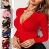 Spring V Neck Knit Slim Long Sleeve T-Shirt for Women, Casual Womens Tops, European American Style Ladies Clothing