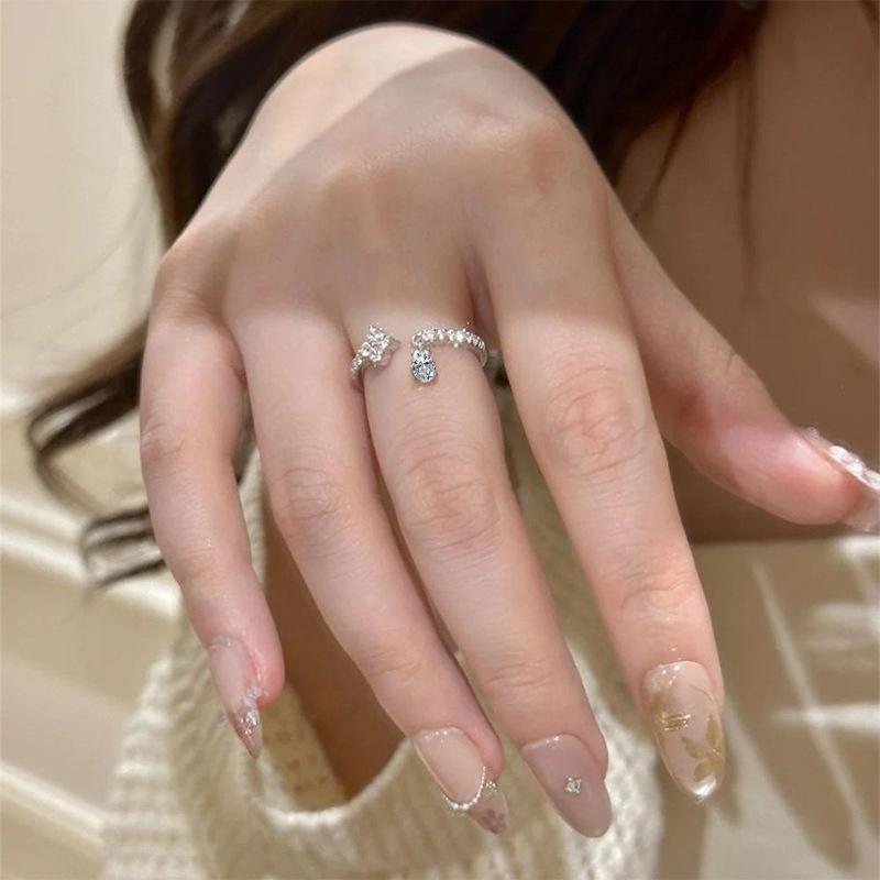 PONYKISS Tibetan Silver Zircon Flower Water Drop Opening Rings for Women Party Cute Plant Fashion  Minimalist Accessories