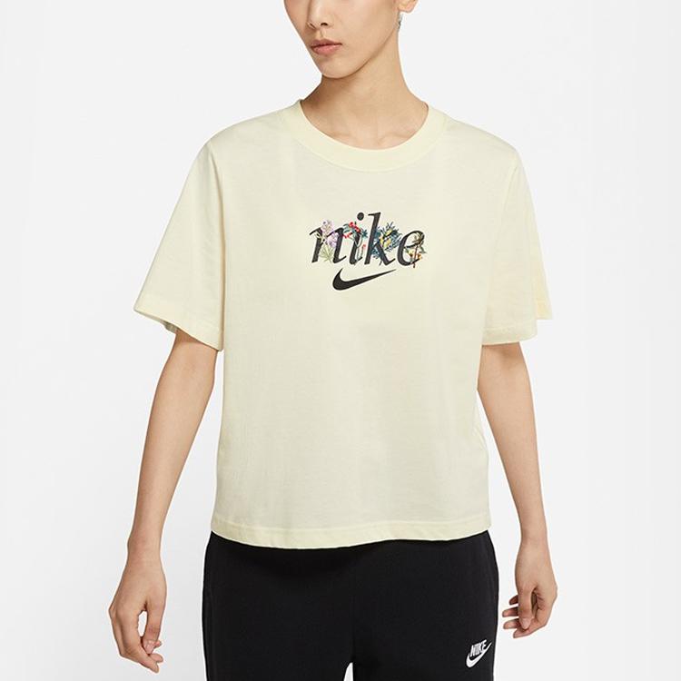Nike Sportswear Casual Comfort Floral Embroidery Short Sleeve T-Shirt Women Tops Coconut-Milk DD1457-113