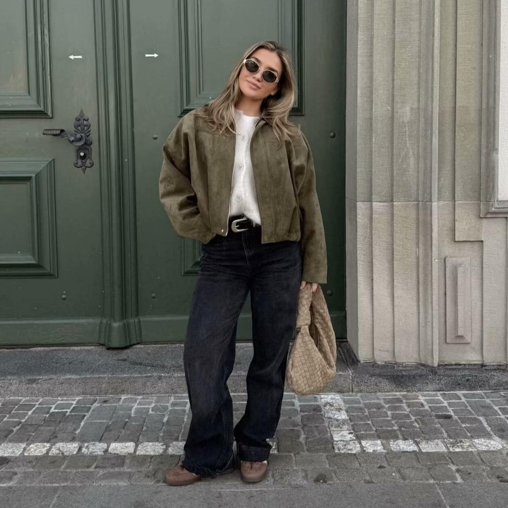 Women Suede Jacket Loose Casual Bomber Coat Lapel Zipper Long Sleeve Jackets Vintage Lady Motorcycle Outwears