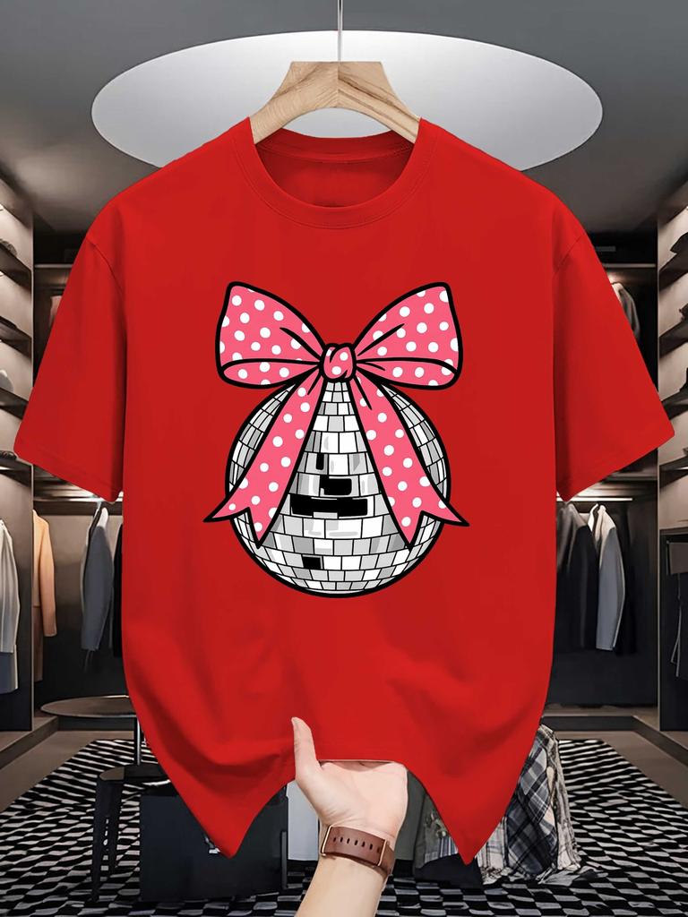 Unisex Cotton Tee Disco Ball Bow Trendy Graphic Print Loose Breathable Summer Crew Neck Casual Street T Shirt Unisex Daily Wear