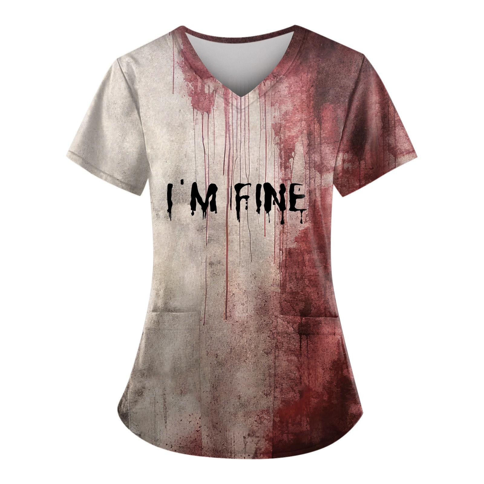 

Плюс размерСкраб с принтом Рабочая форма Топы для женщин Крест V-образным вырезом Хэллоуин Принт с короткими рукавами Забавные футболки Спецодежда Футболка с карманами L винный