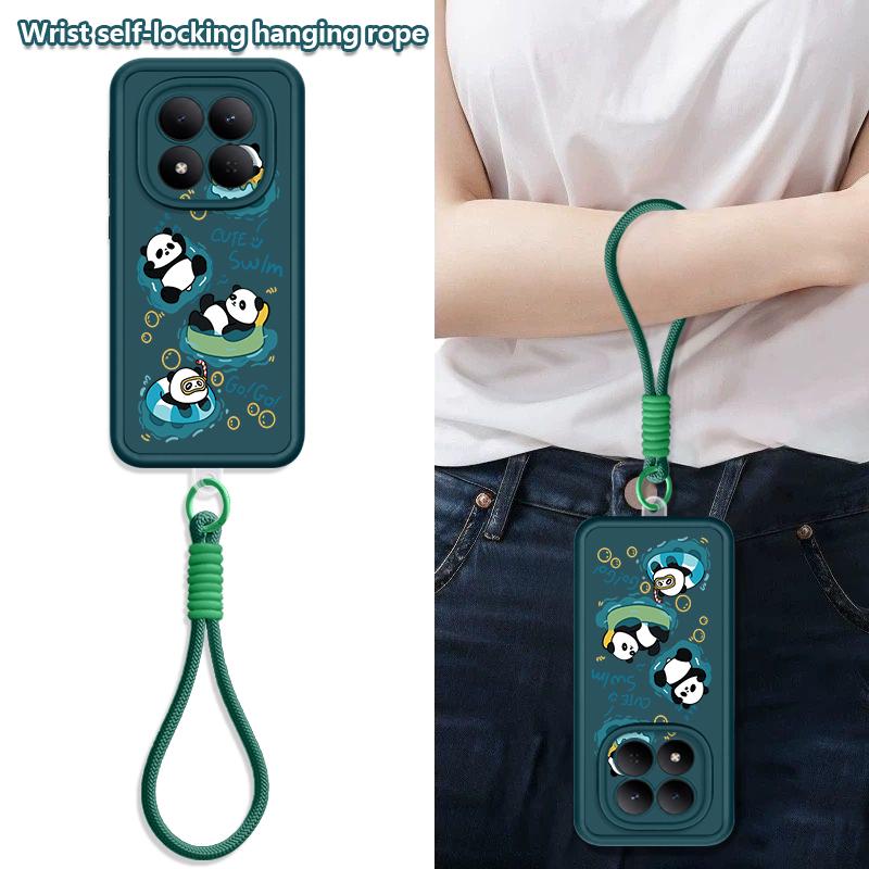 Cute Panda Print Lanyard Case For Xiaomi 14T 13T Pro Redmi Note 15 Pro 4G 14 13 Pro+ 5G Shockproof Bumper Soft Cover