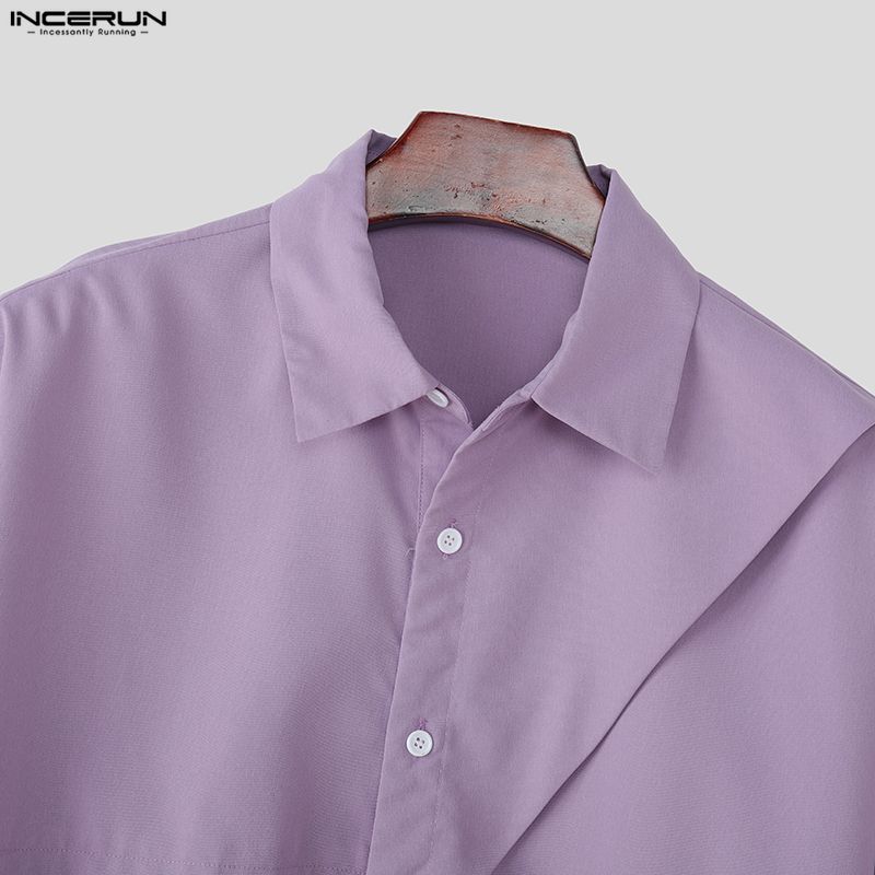 INCERUN Oversized Men Lapel Neck Long Sleeve Casual Loose Short Shirts Tops
