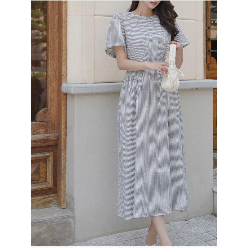 Plus Size Women's Clothing Fat Sister K-style Summer round Neck Stripes Waist-Controlled Lace-up Mid Length Long Length Short Sleeve Dress L-4XL