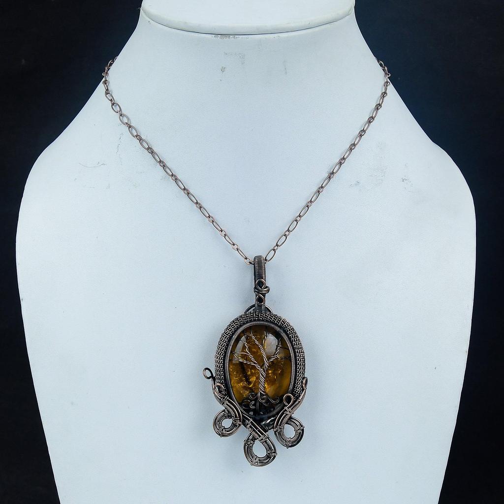 Tree Of Life Baltic Amber Pendant, 999 Copper Wire Wrapped Gemstone Jewelry, Handmade Pendant For Mother Day