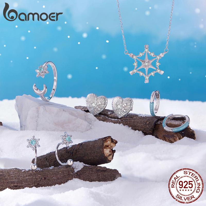 Bamoer 925 Sterling Silver Snowflake Moon Jewelry Set Crystal Blue Front-Back Stud Earrings Earrings for Women Winter Xmas Gift