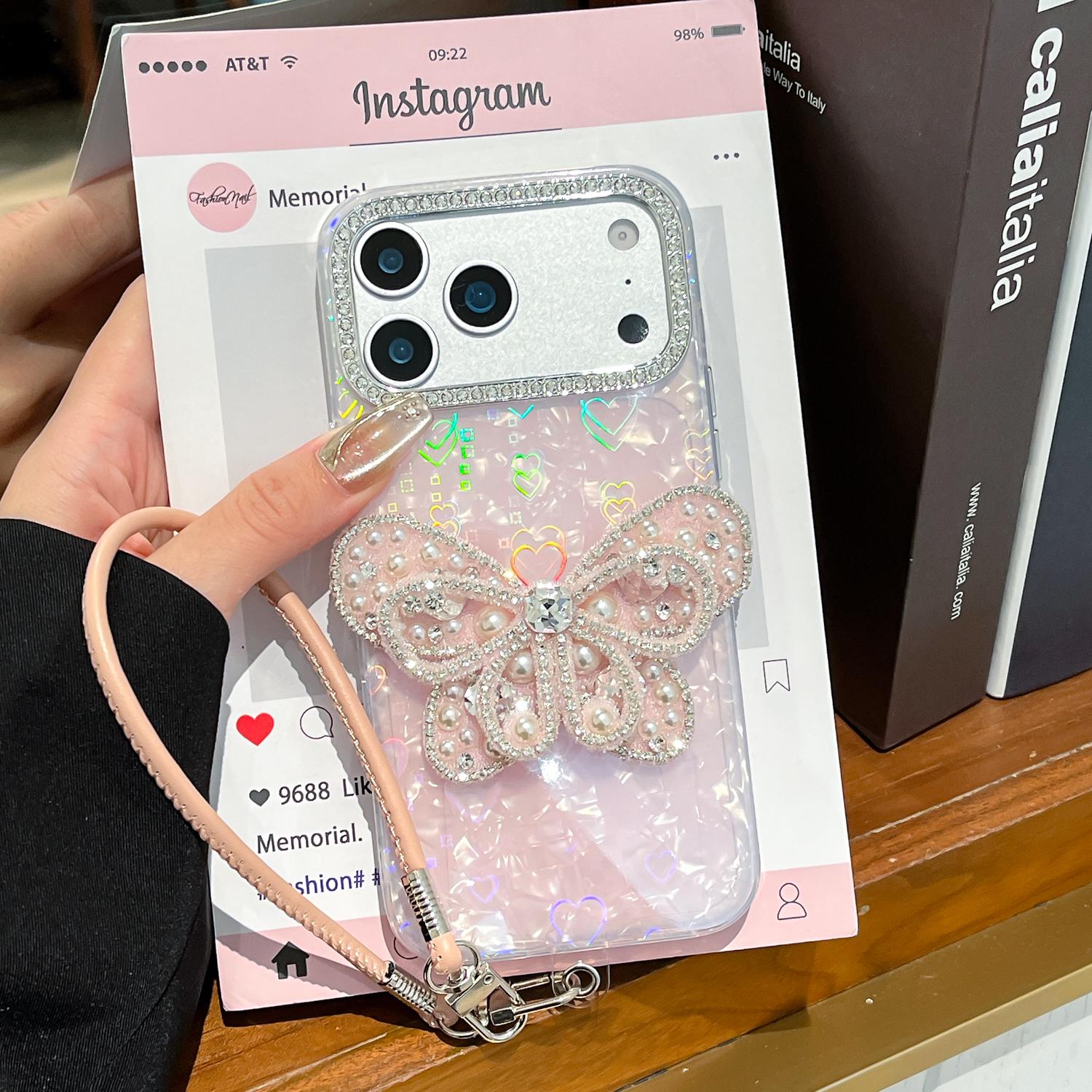 

For iphone 17 17Air 16 15 14 13 pro max Phone Case Korean Luxury Diamond Butterfly Soft Women s Style with Hanging Rope iPhone 17 Pro Max