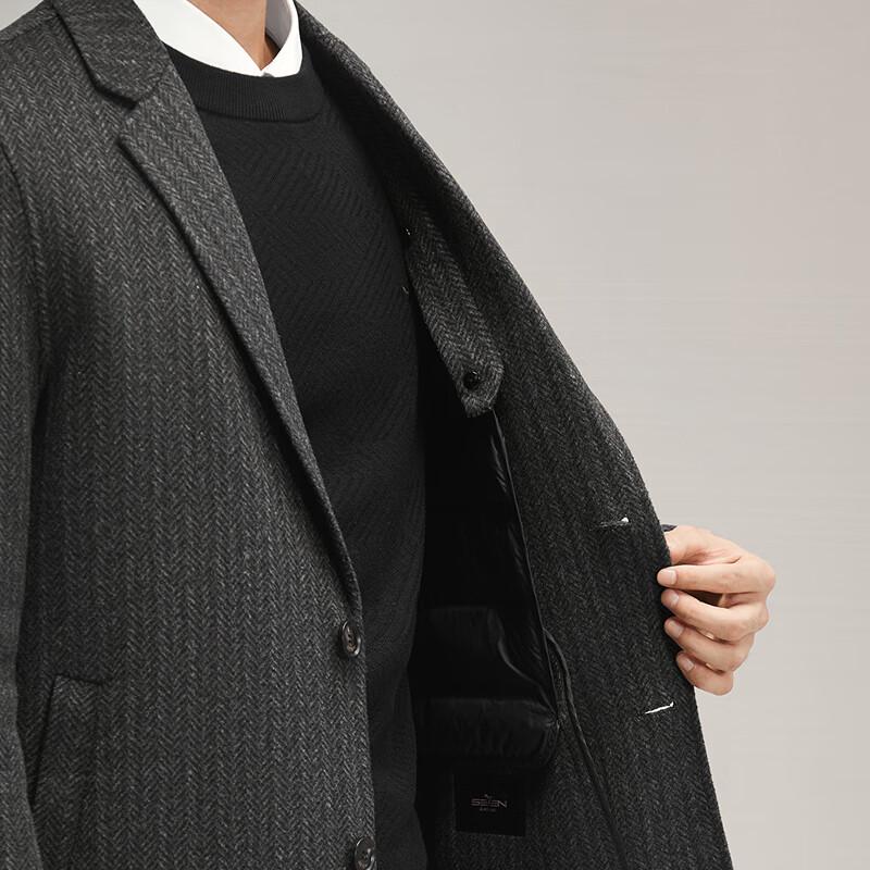 Qipai Men's Herringbone Wool Coat with Removable Down Lining