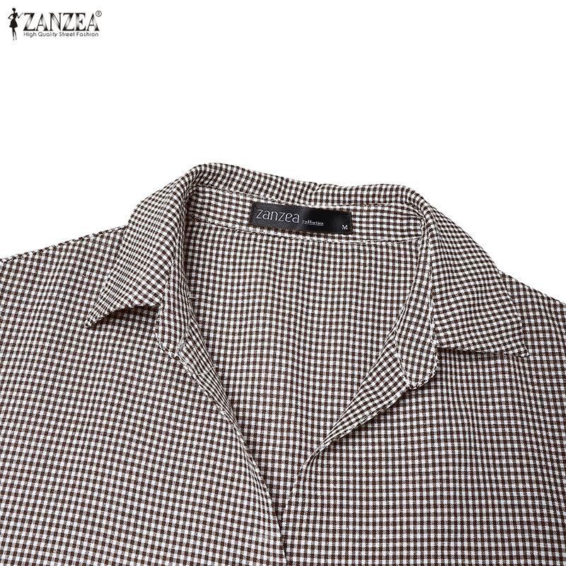 ZANZEA Womens 3/4 Sleeve Plaid Shirt Casual Button Down Lapel Neck Blouse