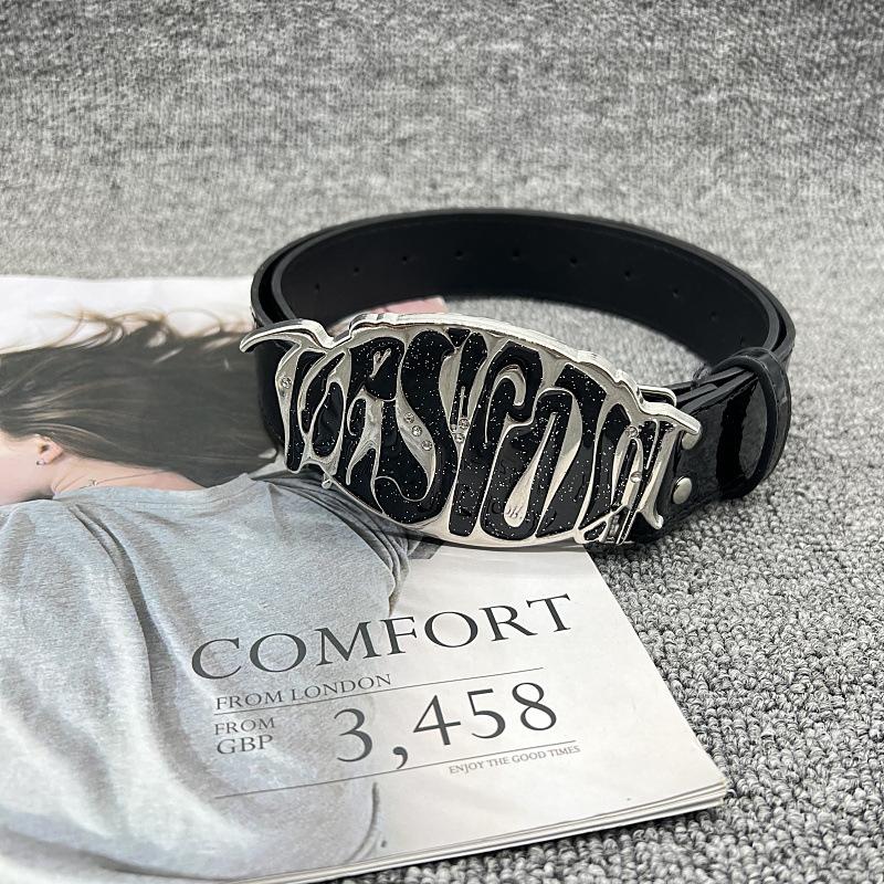 

European and American New Alloy Waist Badge Sparkling Pink Diamond English Letter Rivet Cowboy Belt for Men and Women 105CM чорний