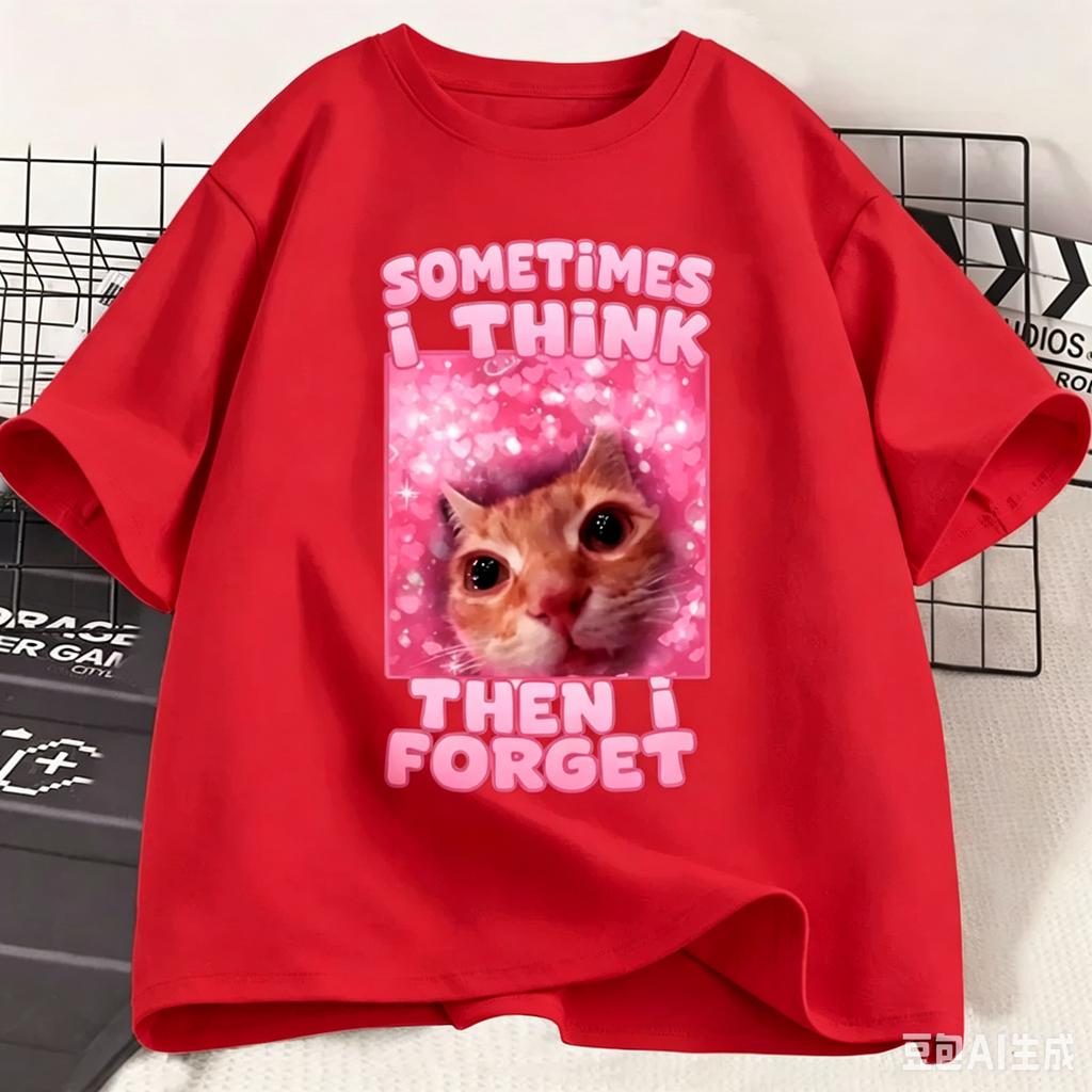 New Sometimes I Think Then I Forget Funny Cat Meme Shirt Adult and Kids Stupid Humor Cats T-shirt Fashion Short Sleeve Tops