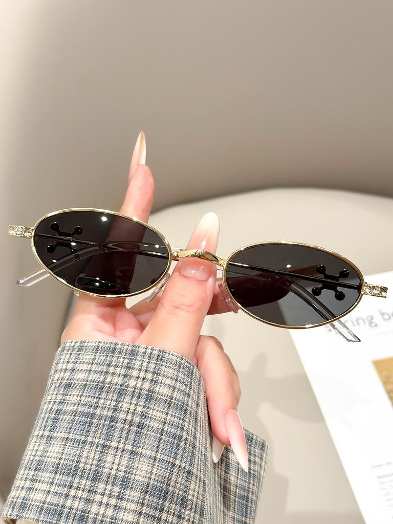 1Pc Light Luxury Gold Frame Oval Women's Sunglasses, Exquisite Diamond-Encrusted High-End Feel, Cross-Shaped Unique Design, Fash