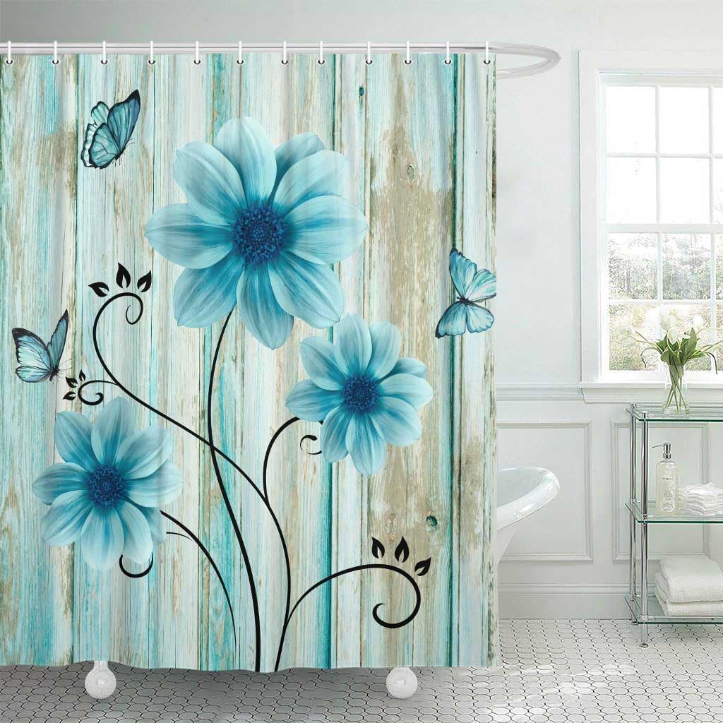 Teal Rustic Floral Shower Curtain, Retro Turquoise Flower and Butterfly Farm Wooden Decor for Bathroom, Blue Wild Daisy Flower