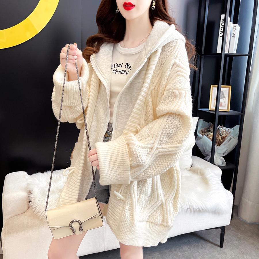Women's Two-Piece Hooded Knit Cardigan Sweater Coat Autumn Fall Loose Lazy Style Long Sleeve