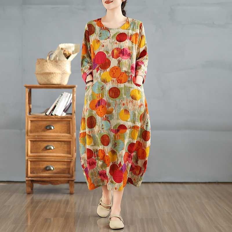 2025 New Vintage Printed Round Neck Loose Large Size Long Dresses