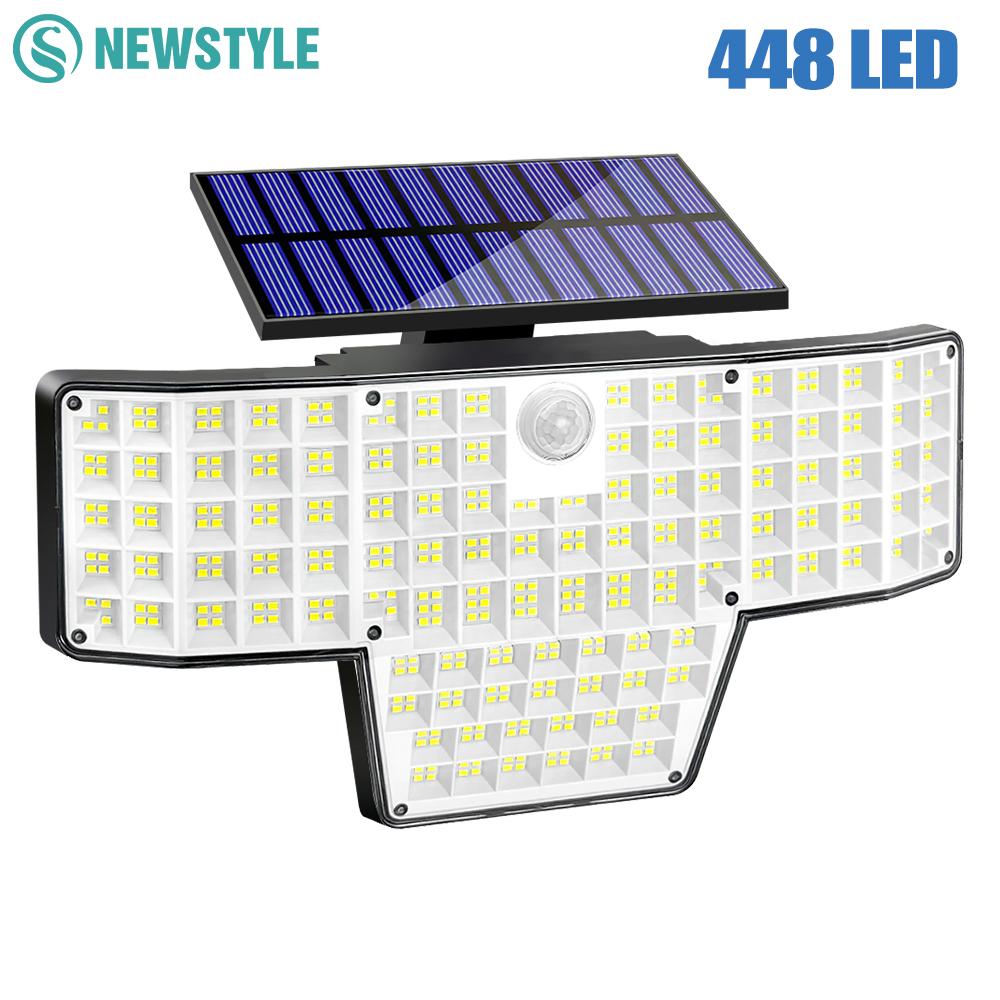 LED Solar Wall Light With Motion Sensor 448 LED Solar Powered Flood Lights Outdoor IP65 Waterproof 3 Modes Garden Yard Pathway