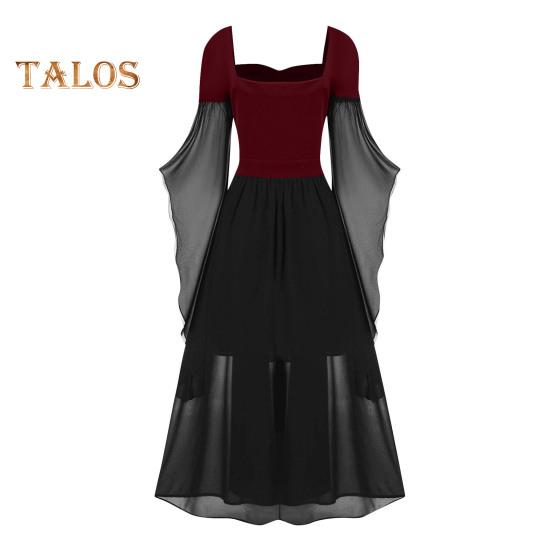 Vinatge Damenkleid, unregelmäßige Hornärmel, einfarbig, A-Linie, großer Saum, schmale Taille, plissierter Schnürriemen, mittelalterliche Halloween-Party, Cosplay-Kostümparty