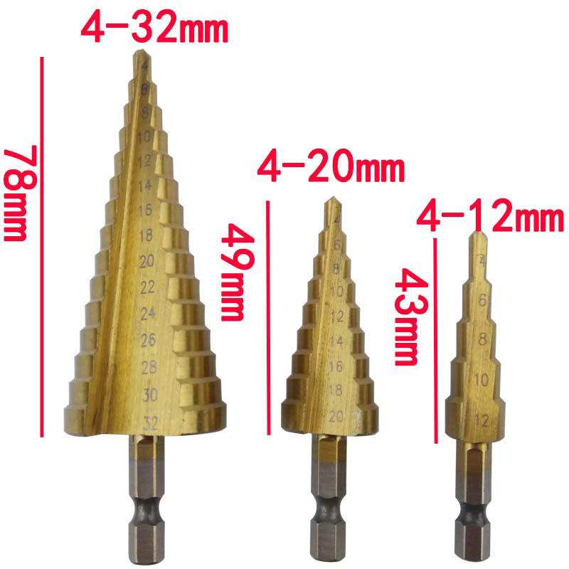Hex Shank Titanium Hss Step Drill Bit Stainless Steel Cone Taper Iron Metal Wood Hole Cutter Metric Center Drill Bits 4-12/20/32