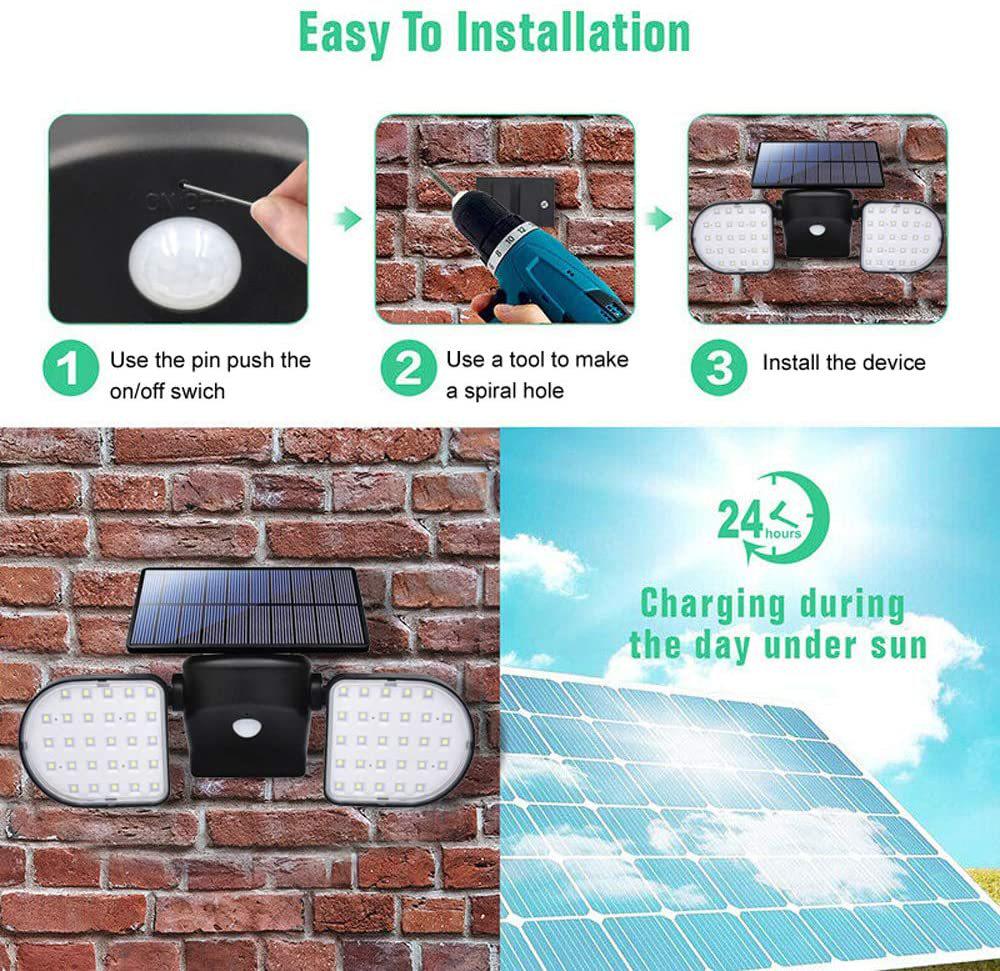 LED Double Head Solar Wall Spotlight with Motion Sensor for Outdoor Garden and Courtyard Lighting.