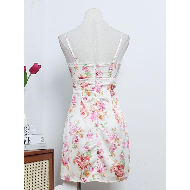Niche Design Sexy Sexy Pure Desire Style Lace Patchwork Satin Print Suspender Skirt Silm Sheath Dress