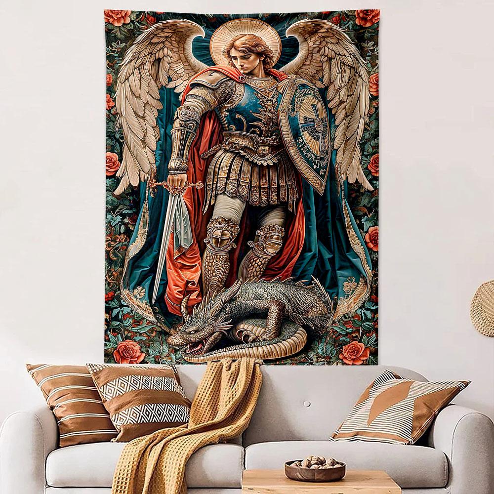 "Archangel with Sword and Dragon Artwork" Patterned tapestry home decor, suitable for bedroom and living room, gift