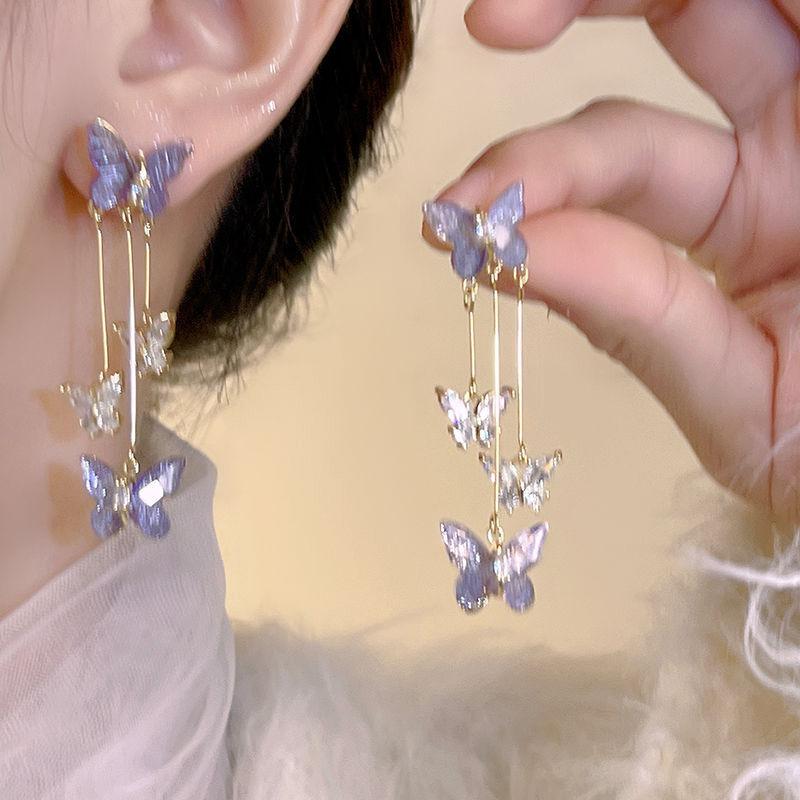 New face-showing thin super fairy fringed butterfly earrings for women, exaggerated fashion long earrings in Europe and America