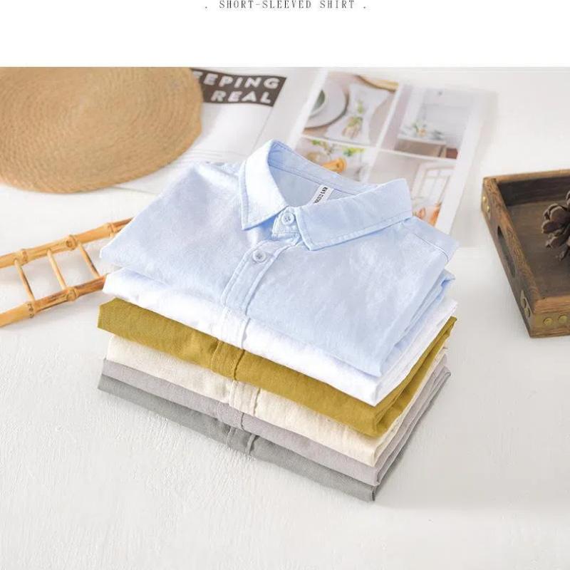 Classical Summer Shirt Male Turn-down Collar Cotton Linen Short Sleeve Shirt for Man Solid Color Button Casual Shirt Simple Style Clothing