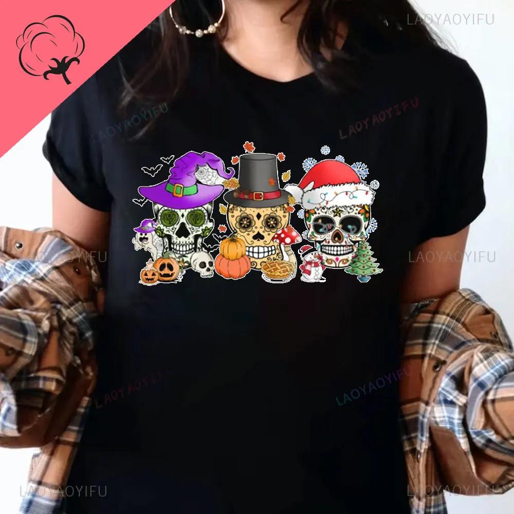 Sugar Skull Hallothankmas Mexican Tshirt Day of The Dead Dia De Los Muertos Women Clothing Graphic T Shirts Y2k Clothes Cotton