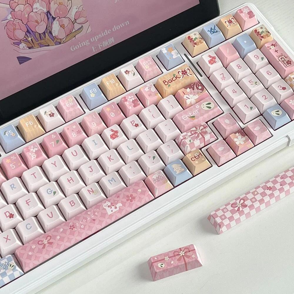 Keycaps Cute Rabbit Cherry Pbt Blossom Letter Caps Pink Keycap 139 Key 2.25/2/7U Space Bar Alice Layout Keycap